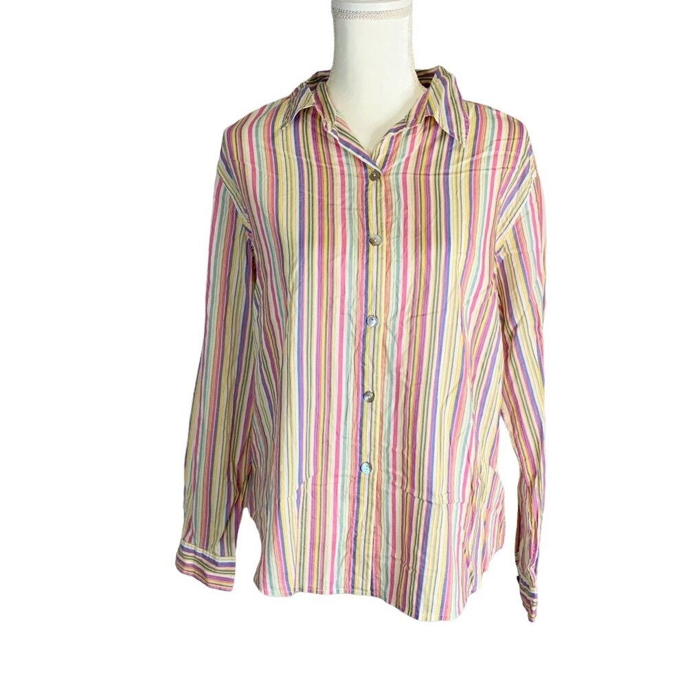 Chico's Women's Long Sleeve Pink Blue Stripes Cotton Button Down Shirt Size 1